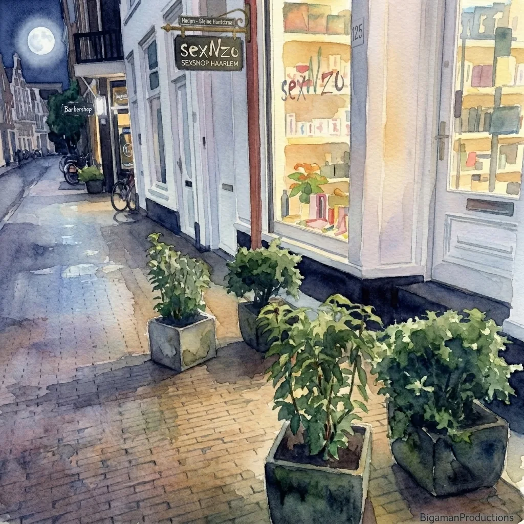 Aquarel van seksshop sexNzo aan de Kleine Houtstraat 125 in Haarlem: verlichte etalage bij avond
