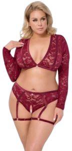 Cottelli Curves kanten top met jarretelslip in rood, gedragen