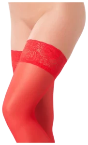 Amorable hold-up kousen met kanten boord in rood, gedragen