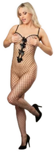 Amorable visnet catsuit met strikjes in zwart, gedragen