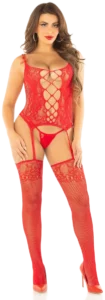 Leg Avenue Jarretelhemdje met Netkousen en String Rood