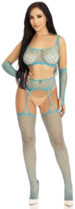 Leg Avenue Net Crop Top met Jarretelkousen en Handschoenen Blauw
