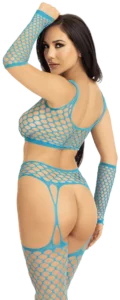 Leg Avenue Net Crop Top met Jarretelkousen en Handschoenen Blauw