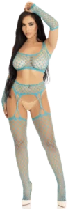 Leg Avenue Net Crop Top met Jarretelkousen en Handschoenen Blauw