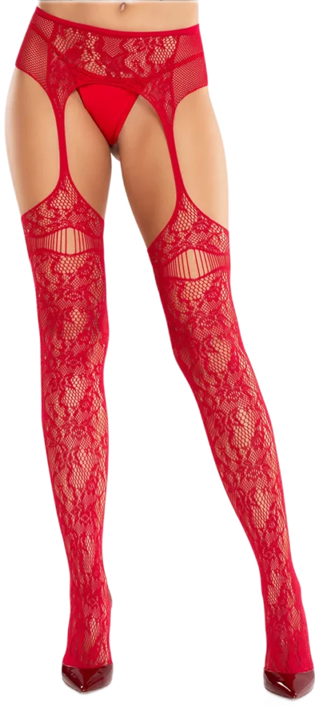 Leg Avenue Kanten Netkousen met Vaste Jarretelgordel Rood