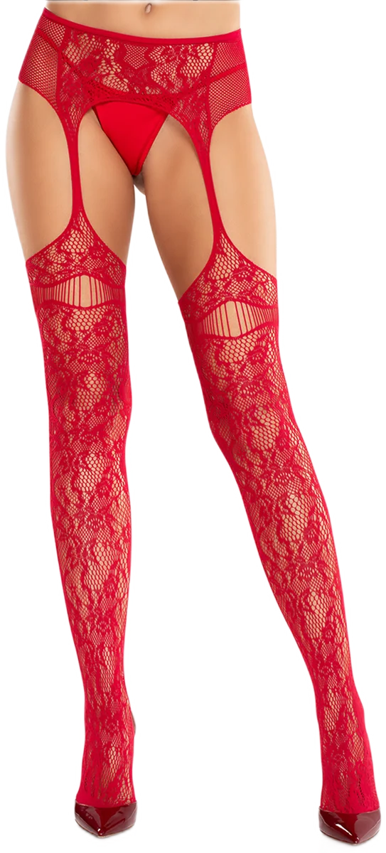 Leg Avenue Kanten Netkousen met Vaste Jarretelgordel Rood