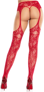 Leg Avenue Kanten Netkousen met Vaste Jarretelgordel Rood