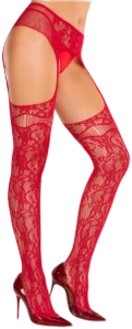 Leg Avenue Kanten Netkousen met Vaste Jarretelgordel Rood