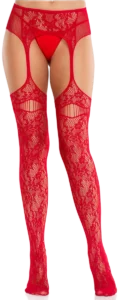 Leg Avenue Kanten Netkousen met Vaste Jarretelgordel Rood