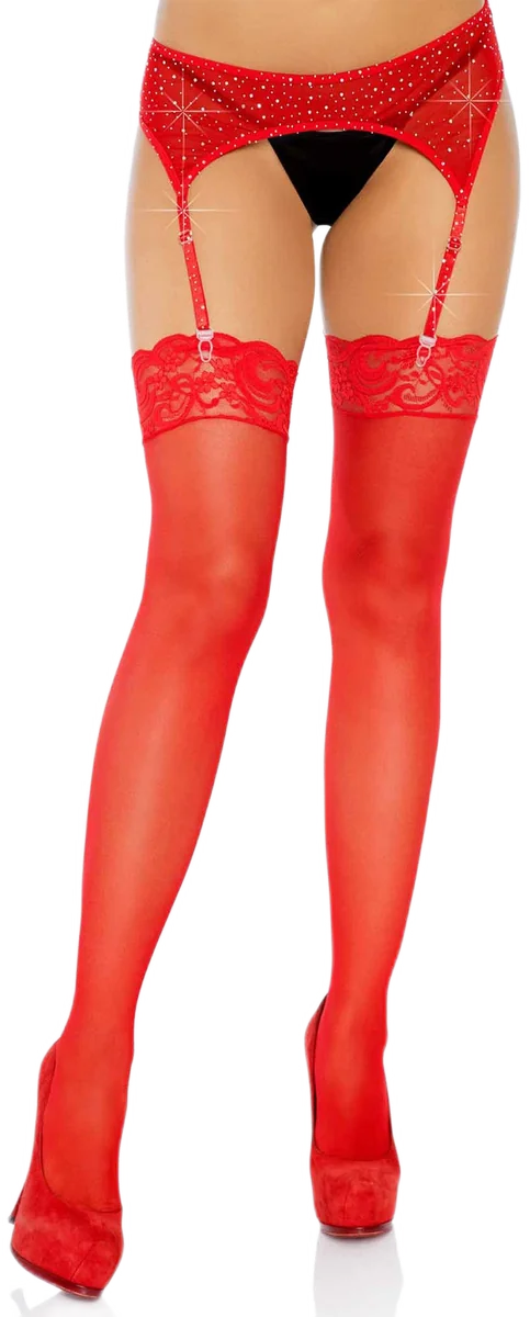 Leg Avenue Transparante Kousen met Kanten Boord Rood
