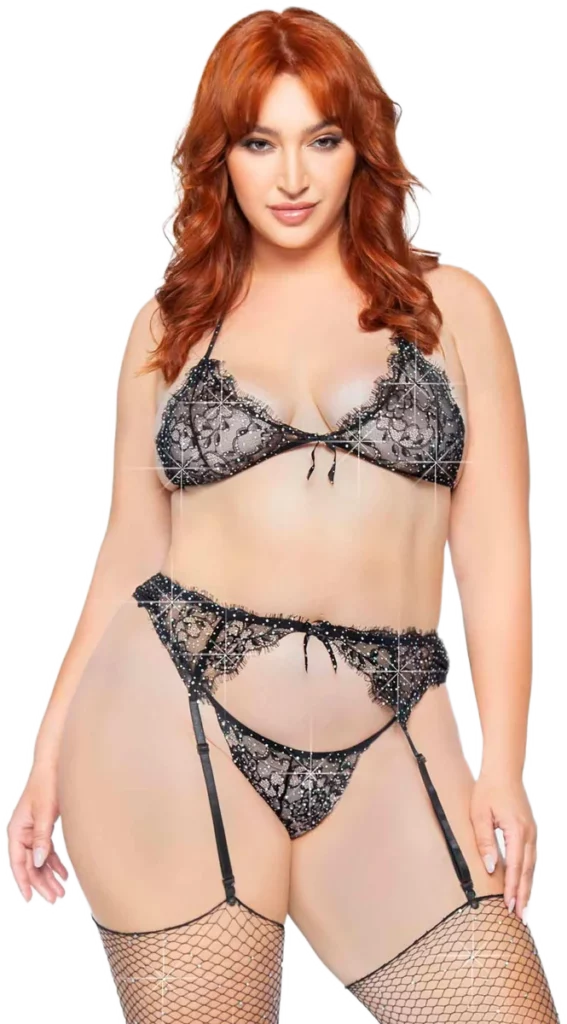 Leg Avenue Plus Size Kanten Bh-set met Jarretelgordel Zwart