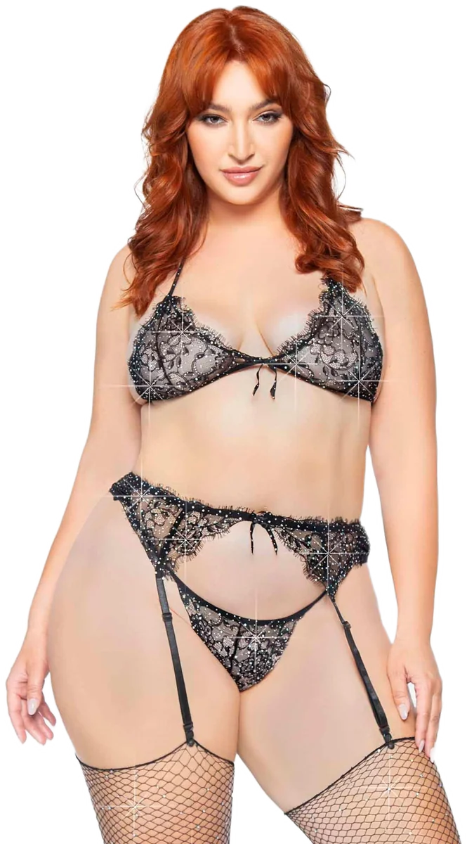 Leg Avenue Plus Size Kanten Bh-set met Jarretelgordel Zwart